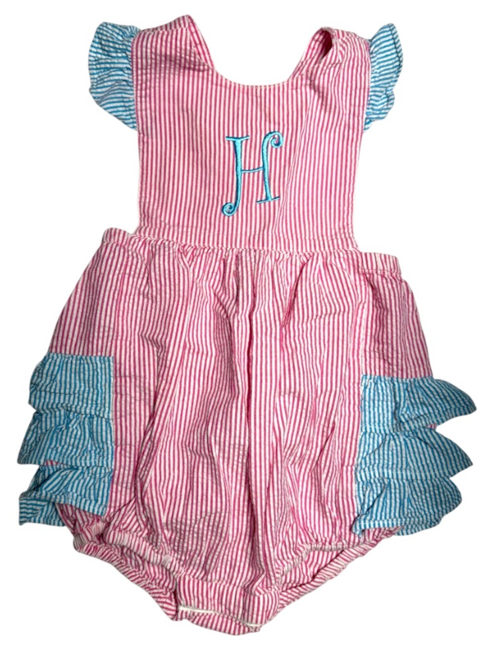 SmockaDot Kids pink and blue seersucker monogram H ruffle bubble romper 24mo